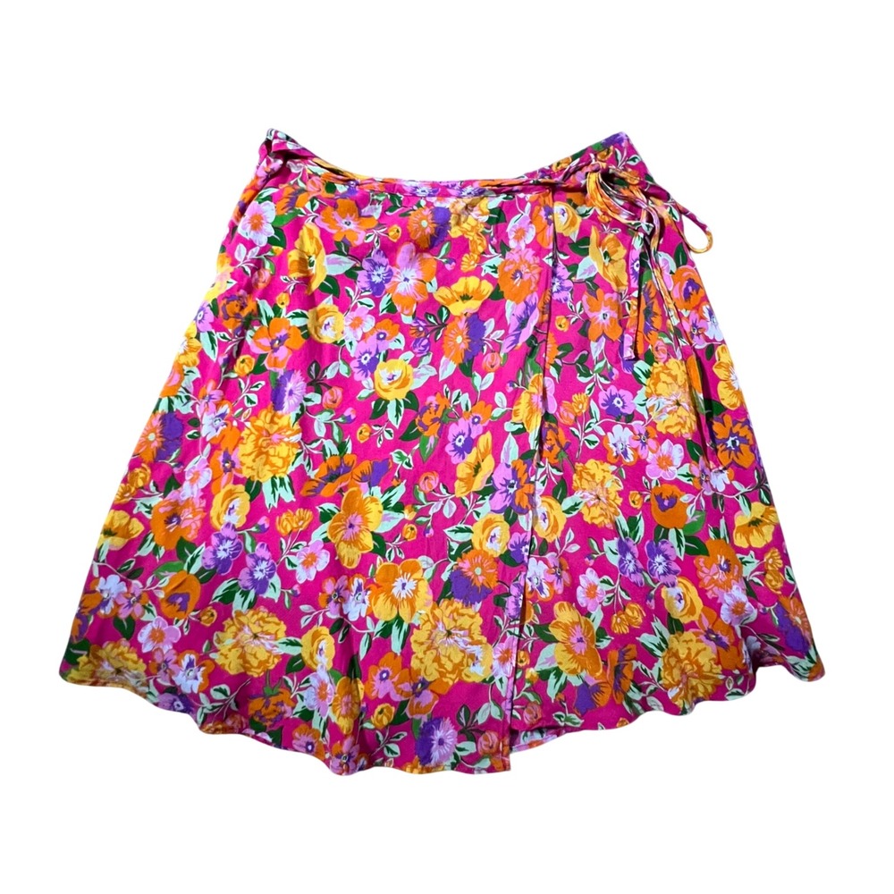 Zara Wrap Skirt Womens Small S Pink Floral Mini Side Tie Lined‎ Summer Boho